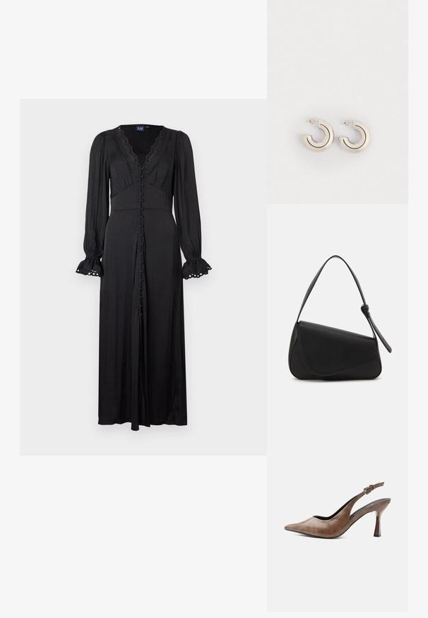 Robe noire à manches longues avec un col en V, une bordure en dentelle et une fermeture boutonnée sur le devant. Présente une taille ajustée et des manches évasées avec des détails en œillets.; Chaussure slingback en cuir marron à talons hauts, bout pointu, bride ajustable à boucle et talon fin et effilé.; Sac à main en cuir noir de forme triangulaire, avec un rabat incliné et une poignée supérieure arrondie. Il présente une texture lisse et des détails de design minimalistes.; Boucles d'oreilles en métal en forme de boucle, avec un design courbé, présentant une finition argentée polie et de fines lignes noires d'accent. Fermeture par tige arrière.