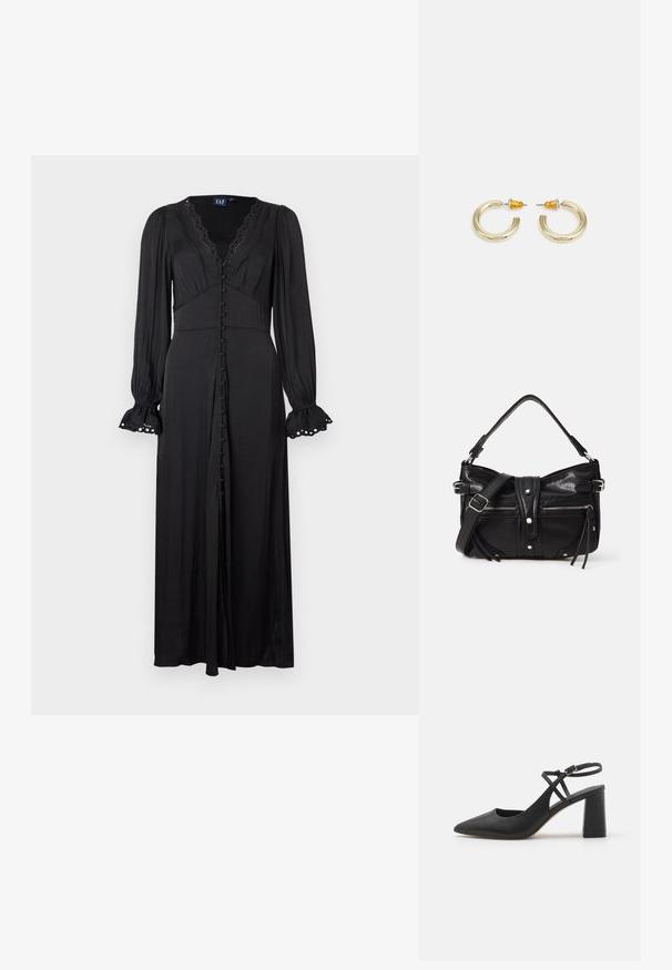 Robe noire à manches longues avec un col en V, une bordure en dentelle et une fermeture boutonnée sur le devant. Présente une taille ajustée et des manches évasées avec des détails en œillets.; Talons slingback noirs à bout pointu avec une finition en cuir lisse, un talon bloc et une sangle de cheville réglable avec des accessoires en métal doré.; Even&Odd H24462 - Sac à main - black; Boucles d'oreilles en métal doré en forme d'anneau, avec une finition lisse et arrondie. Elles possèdent des accents orange à l'arrière pour un maintien sécurisé.