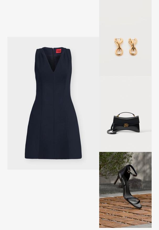 Robe sans manches bleu marine foncé avec encolure en V, taille cintrée et fermeture éclair au dos, comportant une étiquette de marque HUGO rouge à l’intérieur du col.; Sandale noire à talon haut avec sangle à la cheville, suspendue au-dessus d'un sol en carreaux de bois à l'extérieur, avec un arrière-plan flou de verdure et de pierre.; Sac à main en cuir noir avec rabat incurvé, fermoir logo "KZ" doré, poignée supérieure et bandoulière amovible sur fond uni.; Paire de boucles d'oreilles créoles en bouclettes dorées brillantes sur fond blanc uni, présentant un design torsadé entrelacé.