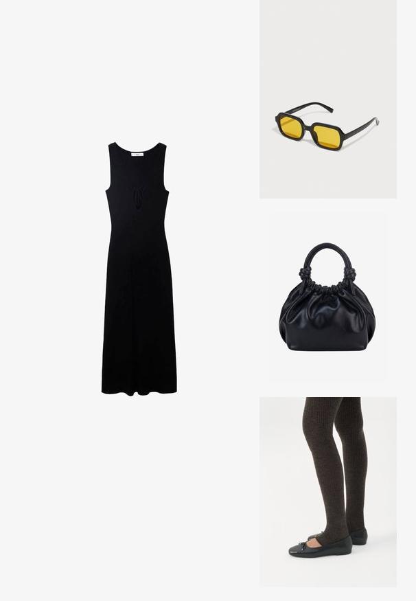 Zwarte mouwloze jurk met een V-hals, voorzien van een strikdetail aan de voorkant en een vloeiende, A-lijn silhouet. Gemaakt van een gladde stof.; Benen met donkere geribbelde leggings gecombineerd met zwarte ballerina's met kleine strikdetails op een witte achtergrond.; Zwarte rechthoekige zonnebril met gele lenzen. Kenmerken zijn onder andere dikke monturen en een hoekig ontwerp met een gladde, glanzende afwerking.; Zwarte zachte leren handtas met geplooide bovenkant en twee dikke handvatten die in knopen zijn gestrikt tegen een effen lichte achtergrond.