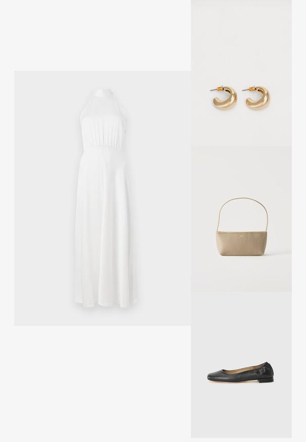 Robe maxi blanche à encolure halter avec un corsage ajusté, une taille froncée et une jupe fluide. Tissu lisse avec un éclat subtile.; Ballerines en cuir noir avec un bout arrondi et des coutures minimales. Talon bas et rectangulaire avec une texture lisse. Détails subtils de doublure intérieure.; Sac à main tissé beige avec fine bandoulière et petit logo doré "BOSS" à l'avant, présenté sur fond blanc uni.; Deux boucles d'oreilles en forme de cerceau en or brillant, avec un design courbé, présentant des accents orange près de la tige, sur fond blanc uni.