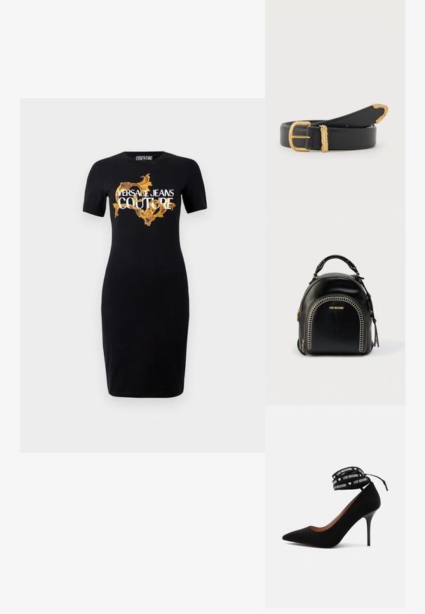 Mustmust mustrõiv mustade lühikeste käistega, millel on kuldne ja valge "VERSACE JEANS COUTURE" logo ning keerukad kuldsed mustrid ees.; Must kõrge kontsaga king, mille terava varba ja pahkluu ümber mähitav rihm kannab teksti „LOVE MOSCHINO“ ja väikseid valgeid südame sümboleid.; Must nahast seljakott ümmarguse kujuga, kuldsete detailide ja dekoratiivse õmblusega esiosas. Varustatud ülemise sangaga ja reguleeritavate rihmadega.; Must nahast vöö, mis on keeratud spiraaliks, reljeefse kuldse tooniga pandla, aasaga ja otsaga valgel taustal.