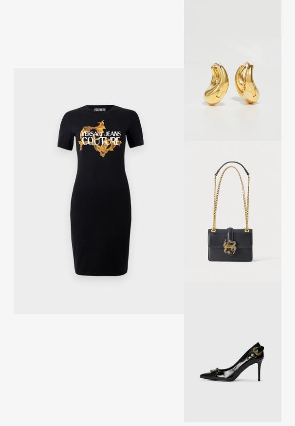 Čierne priliehavé šaty s krátkym rukávom, ktoré sú zdobené zlatým a bielym logom "VERSACE JEANS COUTURE" a zložitými zlatými vzormi na prednej strane.; Čierna lakovaná kožená vysoká päta s špicatou špičkou, detailom mašle na prednej strane a dekoratívnym akcentom zlatého kovu vzadu.; Čierna kožená kabelka cez rameno so zlatým retiazkym popruhom a dekoratívnou zlatou sponou v tvare hada na prednej klopke.; Zlaté kruhové náušnice s hladkým, zakriveným tvarom a lesklým povrchom. Majú uzatvárací mechanizmus a jemné prehlbenia pre detail.