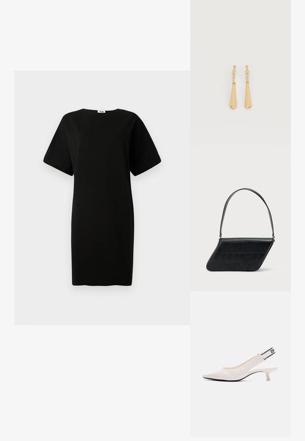 Sort kjole med løs pasform, korte ærmer og lige snit. Fremstillet af blødt, glat stof med rund halsudskæring.; Hvid laklæder slingback sko med spids tå, lav kitten hæl og mærket sort og hvid elastisk rem ved hælen.; Sort skuldertaske i læder med trekantet form, præget logo og en enkelt justerbar rem. Minimalistisk design med glat tekstur.; Øreringe i guldfarvet metal med glatte, aflangt dråbeformede vedhæng, der hænger fra små creol-låse på en hvid baggrund.
