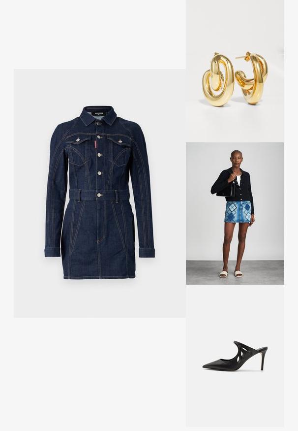 Denimkjole i mørkeblue med en tætsiddende design, lange ærmer, krave, forlommer og en livet med bælte. Bemærkelsesværdige kontraststing detaljer.; Sorte læder højhælede mules med spids tå, udskåret sideskærm og glat tekstur. Stiletthæl og subtil syning.; Sort striktrøje, hvid top, denimnederdel med blå og sort diamantmønster, sort håndtaske og beige slidesandaler.; Charlotte Chesnais BO INITIAL BLOW - Øreringe - gold-coloured