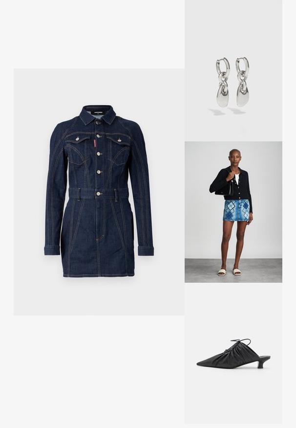 Denimkjole i mørkeblue med en tætsiddende design, lange ærmer, krave, forlommer og en livet med bælte. Bemærkelsesværdige kontraststing detaljer.; Sorte læder slip-on mules med spids tå, samlet tekstur og en lille kitten heel. Har en snor-detalje ved åbningen.; Sort striktrøje, hvid top, denimnederdel med blå og sort diamantmønster, sort håndtaske og beige slidesandaler.; Sølvøreringe med forlængede ovale led, der har en poleret overflade og en struktureret dråpevedhæng. Enkel design med glatte kanter.