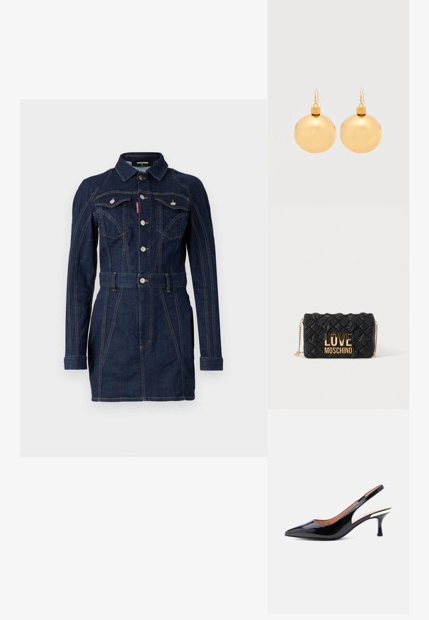 Denim jurk in donkerblauw met een strakke pasvorm, lange mouwen, kraag, voorzakken en een taille met ceintuur. Opvallende contraststiksel details.; Zwarte lakleren sleehak met spits toelopende neus en een hak van gemiddelde hoogte met een metalen accent vlakbij de hak.; Zwarte doorgestikte crossbodytas met gouden kettingriem en groot gouden "LOVE MOSCHINO" logo aan de voorkant.; Een paar glanzende gouden kerstbal-oorbellen met haaksluitingen op een effen witte achtergrond.