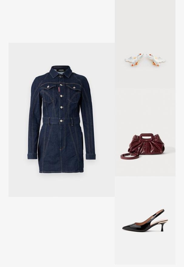 Vestido de mezclilla en azul oscuro con un diseño ajustado, mangas largas, cuello, bolsillos frontales y una cintura ceñida con cinturón. Detalles de costura en contraste notables.; Zapato de salón slingback de charol negro con punta afilada y tacón bajo tipo kitten sobre un fondo blanco liso.; Pequeño bolso de mano de cuero rojo oscuro con textura fruncida, asa rectangular con recorte para la mano y correa de hombro desmontable sobre fondo blanco.; Pendientes de cerámica en forma de pato con cuerpos blancos, picos naranjas y herrajes de tono dorado, con alas elevadas y texturas detalladas.