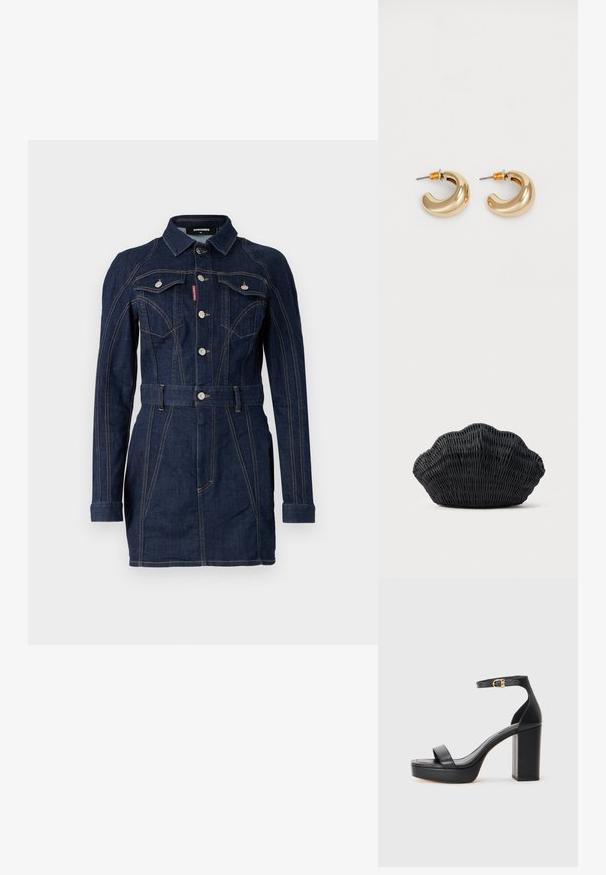 Denim jurk in donkerblauw met een strakke pasvorm, lange mouwen, kraag, voorzakken en een taille met ceintuur. Opvallende contraststiksel details.; Zwarte platform sandalen met een dikke blokhak, van glad leer, open teen ontwerp en een enkelband met een gouden gesp accent.; Zwarte gevlochten handtas in de vorm van een sint-jakobsschelp met een gebogen bovenkant en een geweven textuur op een effen achtergrond.; Twee glanzende gouden hoepel oorbellen in een gebogen ontwerp, met oranje accenten bij de oorpost, tegen een eenvoudige witte achtergrond.