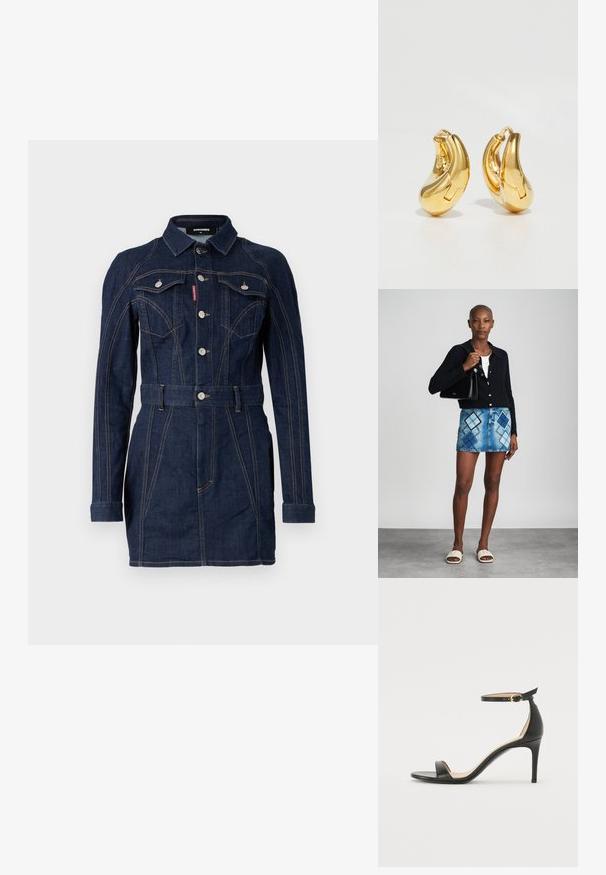 Robe en denim bleu foncé au design ajusté, à manches longues, col, poches avant et taille ceinturée. Détails de surpiqûres contrastantes remarquables.; Sandale à talons hauts en cuir noir avec une lanière de cheville. Présente une texture lisse, un bout ouvert et un talon fin. Détail de boucle en ton doré.; Un cardigan en maille noir, un haut blanc, une jupe en denim avec un motif de diamants bleus et noirs, un sac à main noir et des sandales à enfiler beiges.; Boucles d'oreilles en or en forme de d'anneaux lisses et courbés avec une finition polie. Équipées d'un mécanisme de fermeture et de légères indentations pour le détail.