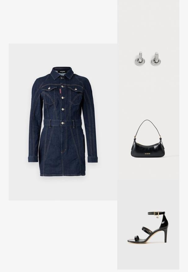 Denim jurk in donkerblauw met een strakke pasvorm, lange mouwen, kraag, voorzakken en een taille met ceintuur. Opvallende contraststiksel details.; Zwarte gepatineerde leren sandaal met drie banden, enkelgesp en 10 cm hoge stiletto hak. Bevat gouden hardwaredetails en een logo charm.; Zwarte leren schoudertas met gouden rits en "LOVE MOSCHINO" logo aan de voorkant, voorzien van een gebogen bovenhengsel.; Een paar kleine, glanzende zilveren creolen met een ronde basis, afgebeeld op een effen lichte achtergrond.