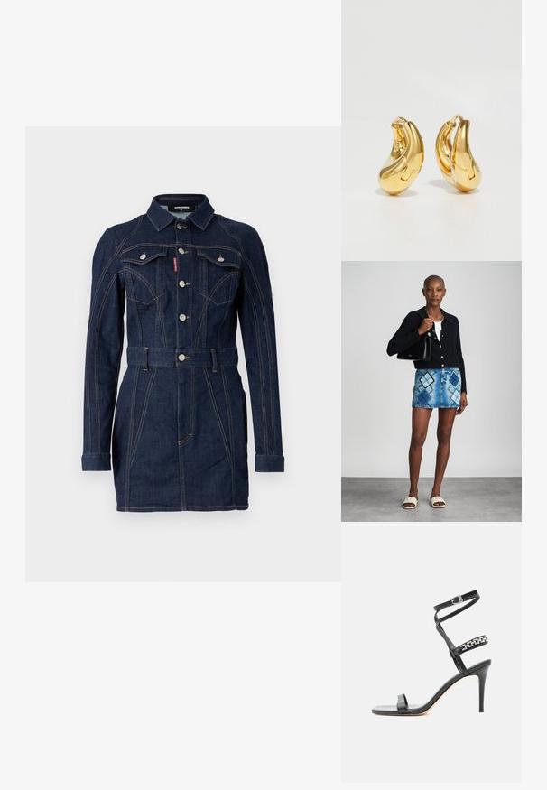 Denimkjole i mørkeblue med en tætsiddende design, lange ærmer, krave, forlommer og en livet med bælte. Bemærkelsesværdige kontraststing detaljer.; Sort højhælet sandal med tynd ankelrem, midtfodsrem dekoreret med sølvkædeled og åben tå-design.; Sort striktrøje, hvid top, denimnederdel med blå og sort diamantmønster, sort håndtaske og beige slidesandaler.; Guldringeøreringe med en glat, buet form og poleret overflade. Udstyret med en lukkeanordning og lette fordybninger for detaljer.