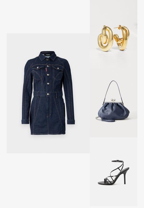 Denimkjole i mørkeblue med en tætsiddende design, lange ærmer, krave, forlommer og en livet med bælte. Bemærkelsesværdige kontraststing detaljer.; Sort højhælet sandal med tynde stropper, en ankelspænde, en glat læderoverflade og en slank stilethæl.; Blød navyblå læderhåndtaske med sølv lukning, enkelt skulderrem og aftagelig kæde til håndleddet på hvid baggrund.; Charlotte Chesnais BO INITIAL BLOW - Øreringe - gold-coloured