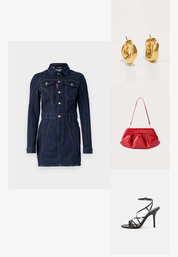 Denimkjole i mørkeblue med en tætsiddende design, lange ærmer, krave, forlommer og en livet med bælte. Bemærkelsesværdige kontraststing detaljer.; Sort højhælet sandal med tynde stropper, en ankelspænde, en glat læderoverflade og en slank stilethæl.; Rød skuldertaske i læder med en struktureret ramme, plisseret krop og tynd justerbar rem mod en ensfarvet baggrund.; Chunky guld hoop øreringe med et let snoet, rørformet design og postsystem bagpå, på en hvid baggrund.
