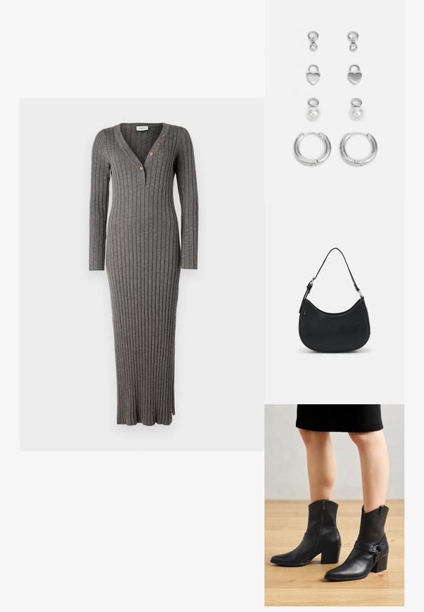 Vestido gris de canalé con mangas largas, escote en V profundo y tres botones decorativos en la parte frontal. Presenta una silueta ajustada y un dobladillo hasta el tobillo.; Botines de cuero negro con punta afilada, cierre de cremallera, tacón curvado y una correa decorativa con detalles metálicos.; Bolso hobo negro hecho de cuero suave con una silueta curva, que cuenta con una sola correa ajustable y detalles de diseño minimalistas.; Tres pares de pendientes de plata: aros cortos con piedras transparentes, charms en forma de corazón y pendientes grandes de aro con un acabado texturizado.