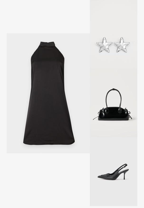 Sort halterneck kjole med tætsiddende overdel og flagrende silhuet. Lavet af glat, letvægtsstof med en ensartet tekstur.; Sorte læder slingback stiletto med spids tå, side spændebånd, nitter langs kanten og dekorativ snøring foran.; Lille sort blank håndtaske med to lange håndtag og snøre-detaljer i siden på en ensfarvet lys baggrund.; Sølvstjernede øreringe med en poleret, blank overflade. Hver ørering har fem spidser og subtile teksturdetaljer på overfladen.