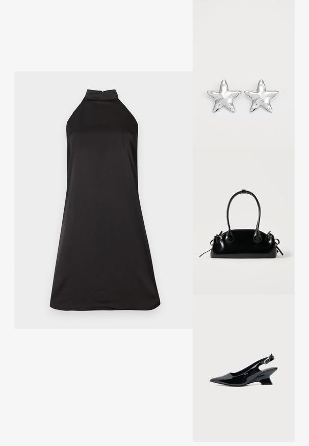 Sort halterneck kjole med tætsiddende overdel og flagrende silhuet. Lavet af glat, letvægtsstof med en ensartet tekstur.; Sort laklæder slingback sko med spids tå og lav vinklet blokhæl på ensartet lys baggrund.; Lille sort blank håndtaske med to lange håndtag og snøre-detaljer i siden på en ensfarvet lys baggrund.; Sølvstjernede øreringe med en poleret, blank overflade. Hver ørering har fem spidser og subtile teksturdetaljer på overfladen.