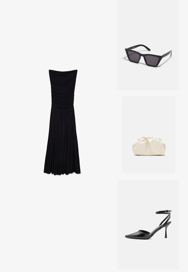 Vestido maxi negro sin tirantes con textura recogida en el torso y una falda fluida y plisada. Hecho de una tela suave y elástica.; Zapato de tacón alto negro de punta fina con delgadas correas en el tobillo y cierre de hebilla plateada sobre un fondo liso claro.; Gafas de sol negras y angulares con lentes grises; fabricadas en plástico, con varillas gruesas de superficie suave y sin herrajes visibles.; Bolso de mano de cuero suave de color crema con diseño fruncido y plisado y una delgada correa para el hombro que descansa delante sobre un fondo liso.