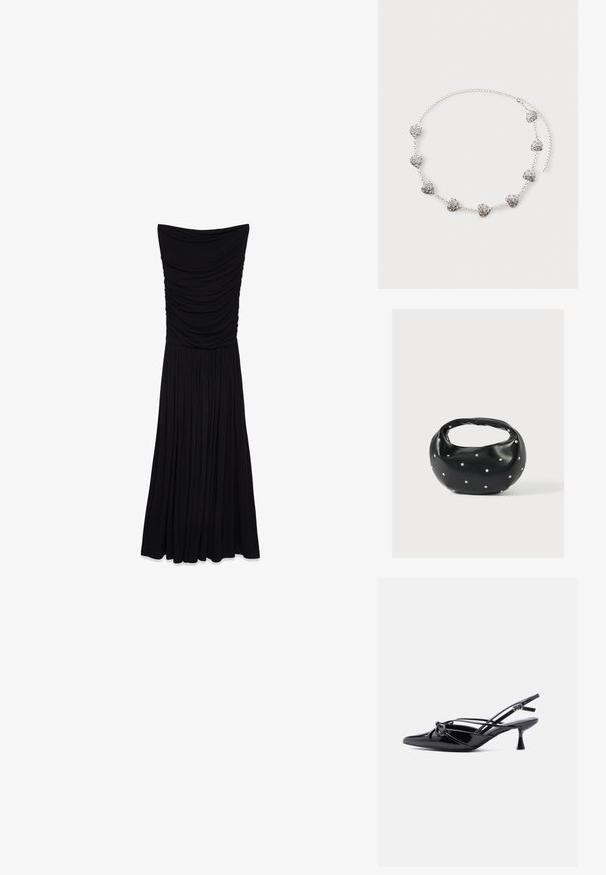 Must mustrakk vest, millel on gathered tekstuur rinnal ja voolav, volditud seelikuosa. Valmistatud siledast ja venivast kangast.; Mustast lakknahast slingback-kontsakinga terava varba, madala kitsa kontsaga ja esiküljele kaunistuseks sõlmitud paelaga.; Mustast nahast ümmarguse kujuga käekott, kaunistatud hõbedaste naeladega, lühikese sangaga. Sile tekstuur ja tõmblukuga sulgemine.; Hõbedast kettkaelakee kaheksa väikese südamekujuga ripatsiga, millel on keerukad keerlemismustrid, asetatud heledale taustale.