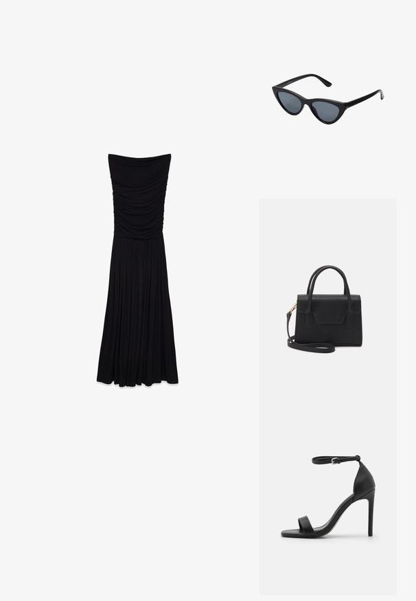 Vestido maxi negro sin tirantes con textura recogida en el torso y una falda fluida y plisada. Hecho de una tela suave y elástica.; Sandalia de tacón alto negra con un diseño elegante, que cuenta con una correa en el tobillo, punta abierta y una textura de cuero suave.; Gafas de sol negras en forma de ojo de gato con lentes gris oscuro, marco de plástico elegante, esquinas puntiagudas y patillas rectas. Sin herrajes ni acentos visibles.; Bolso estructurado negro de cuero con un asa superior, correa de hombro desmontable y un detalle de tapa en la parte frontal. Acentos en dorado.