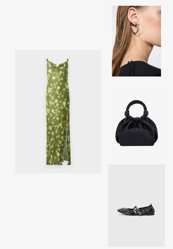 Robe nuisette florale verte à fines bretelles, col bénitier et fente latérale, en tissu léger.; Chaussure plate en cuir noir avec un nez pointu, des détails froncés autour de l'ouverture et un accent en boucle argentée sur la bride ajustable.; Sac à main en tissu noir doux avec haut froncé et poignées circulaires rembourrées nouées de chaque côté.; Boucle d'oreille en argent avec une finition polie, présentant de petits détails en or et de forme ronde, portée sur le lobe.