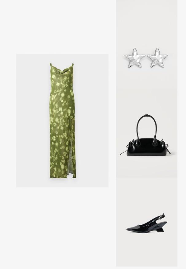 Robe nuisette florale verte à fines bretelles, col bénitier et fente latérale, en tissu léger.; Chaussure slingback en cuir verni noir avec bout pointu et petit talon bloc incliné sur fond clair uni.; Petit sac à main noir brillant avec deux longues anses et des détails à cordon sur les côtés sur un fond clair uni.; Boucles d'oreilles argentées en forme d'étoile, avec une surface lisse et brillante. Chaque boucle d'oreille possède cinq pointes et des détails subtils de texture de surface.