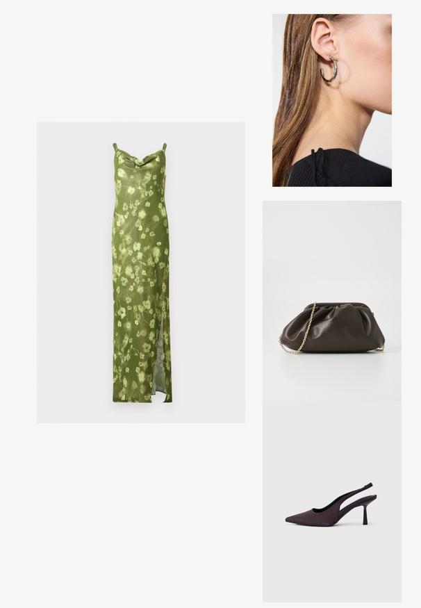 Robe nuisette florale verte à fines bretelles, col bénitier et fente latérale, en tissu léger.; Chaussure à talon slingback en tissu violet foncé. Design à bout pointu, côtés ouverts, et talon mince de forme carrée. Texture lisse.; Sac à main en cuir marron avec un design froncé, une bandoulière en chaîne dorée et une finition douce et texturée. Sa forme compacte est idéale pour une utilisation en soirée.; Boucle d'oreille en argent avec une finition polie, présentant de petits détails en or et de forme ronde, portée sur le lobe.