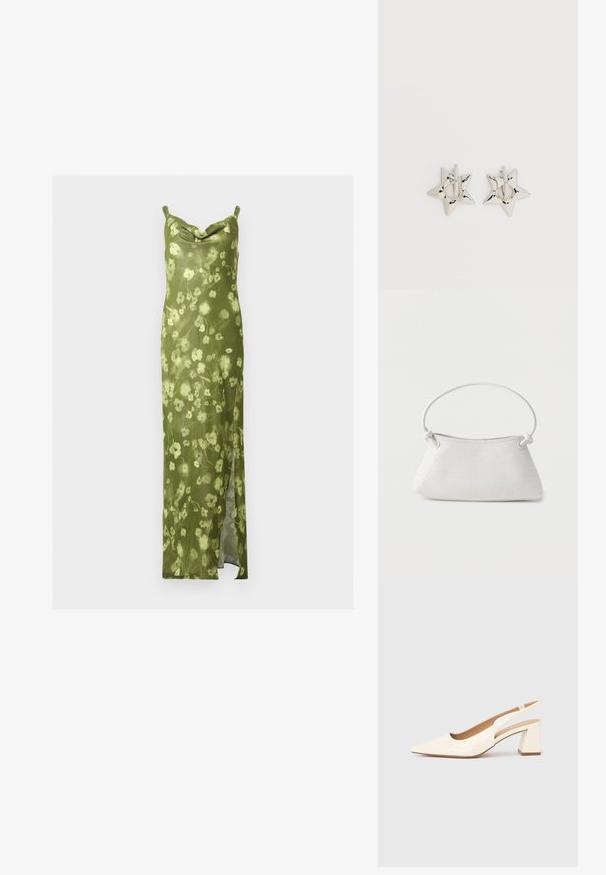 Robe nuisette florale verte à fines bretelles, col bénitier et fente latérale, en tissu léger.; Escarpin slingback en cuir verni crème brillant, avec un bout pointu et un talon carré épais pour la stabilité. Design minimaliste, sans ornements.; Sac à main en cuir tressé blanc avec poignée arrondie et extrémités de lanière nouées, présenté sur un fond uni.; Boucles d’oreilles créoles en forme d’étoile argentée avec une finition lisse et polie sur un fond blanc uni.