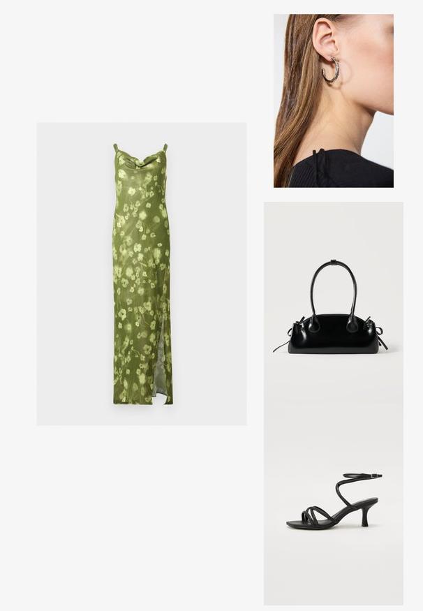 Robe nuisette florale verte à fines bretelles, col bénitier et fente latérale, en tissu léger.; Even&Odd Wide Fit by Zalando Sandales - black; Petit sac à main noir brillant avec deux longues anses et des détails à cordon sur les côtés sur un fond clair uni.; Boucle d'oreille en argent avec une finition polie, présentant de petits détails en or et de forme ronde, portée sur le lobe.