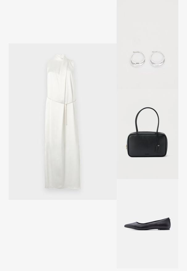 Robe maxi blanche sans manches avec encolure haute et fine ceinture métallique nouée lâchement à la taille sur un fond clair.; Chaussure plate en cuir noire à bout pointu avec petit talon, vue de profil sur fond blanc.; Sac à main rectangulaire noir avec doubles poignées arrondies, fermeture éclair dorée et logo "HUGO" embossé sur le devant avec une étiquette en cuir attachée.; Boucles d'oreilles en argent avec une finition polie et un branding DKNY, présentées sur un fond blanc uni.
