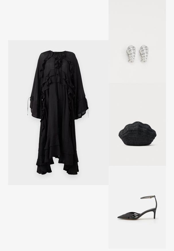 Copenhagen Muse NORMA DRESS - Maxikjoler - black; Sort læder højhælet sko med spids tå, åbne sider og en tynd ankelrem med en lille guld detalje.; Sort flet håndtaske formet som en muslingeskal med en buet top og flettet tekstur på en ensfarvet baggrund.; Sølv clip-on øreringe med spiralmønster, der har en glat metallisk tekstur og runde former. Ingen synlige udsmykninger eller mønstre.