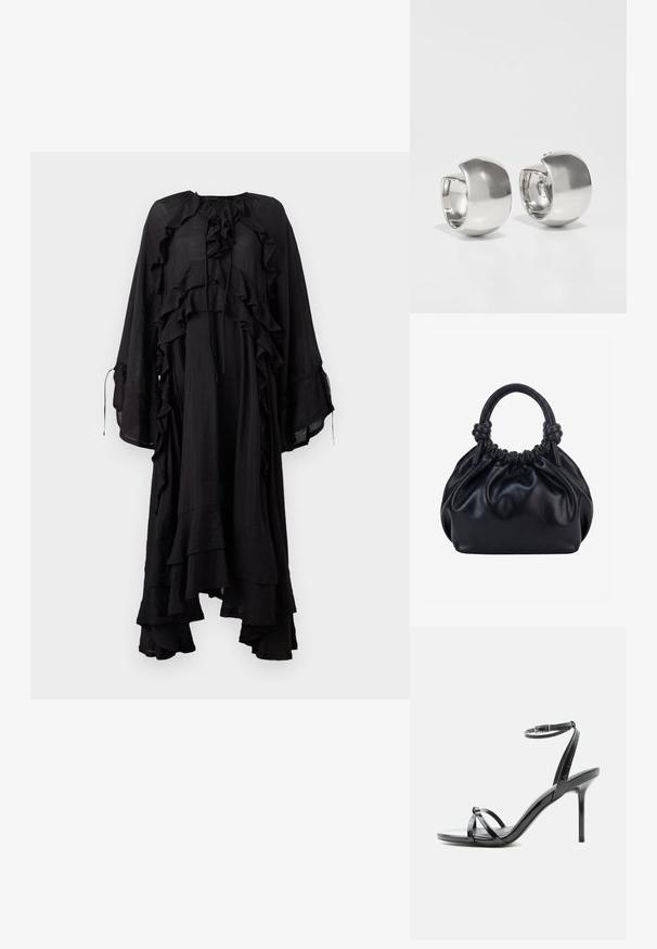 Copenhagen Muse NORMA DRESS - Maxikjoler - black; Sort laklæder høje hæle sandal med tynde remme, der krydser tæerne, og en ankel spænde rem på en hvid baggrund.; Sort blød læderhåndtaske med samlet top og to tykke håndtag bundet i knuder mod en ensfarvet lys baggrund.; Uncommon Matters SCULPTURAL LARGE CREOLE - Øreringe - silver-coloured