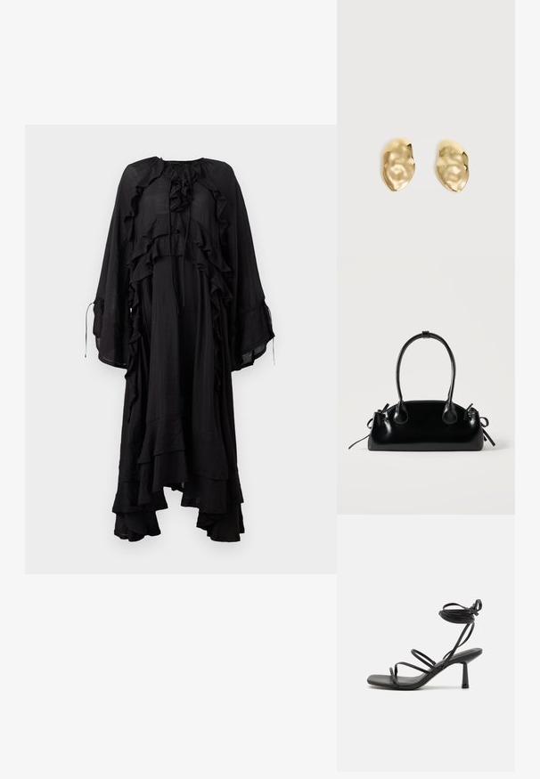 Copenhagen Muse NORMA DRESS - Maxikjoler - black; Sort strappy sandal med firkantet tå, justerbare ankelbind og en slank, blokhæl. Fremstillet af et glat, holdbart materiale.; Lille sort blank håndtaske med to lange håndtag og snøre-detaljer i siden på en ensfarvet lys baggrund.; Par skinnende, ujævnt formede øreringe af guldmetal med en krøllet, glat overflade på en ensartet lys baggrund.