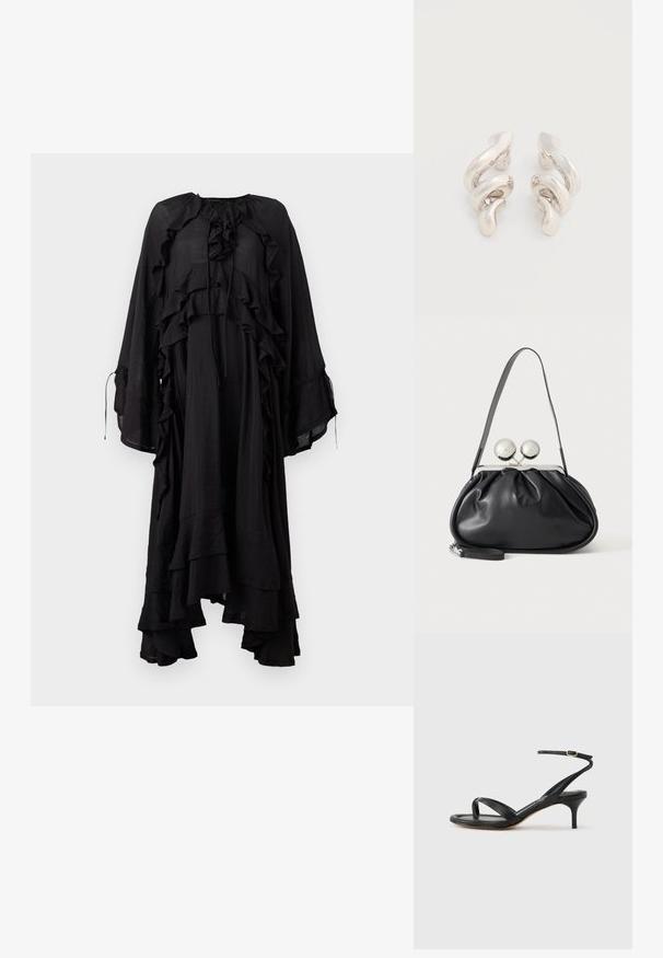 Copenhagen Muse NORMA DRESS - Maxikjoler - black; Sort damesandal i læder med tynde remme, en tå-loop, ankelspænde og en mellemhøj stiletthæl på en neutral baggrund.; Sort læderhåndtaske med opsamlet design, en enkelt rem, sølv metalramme og to store runde sølv lukninger.; Tvistede sølvfarvede ørestikker med en glat, blank overflade, der har et moderne, abstrakt spiraldesign.
