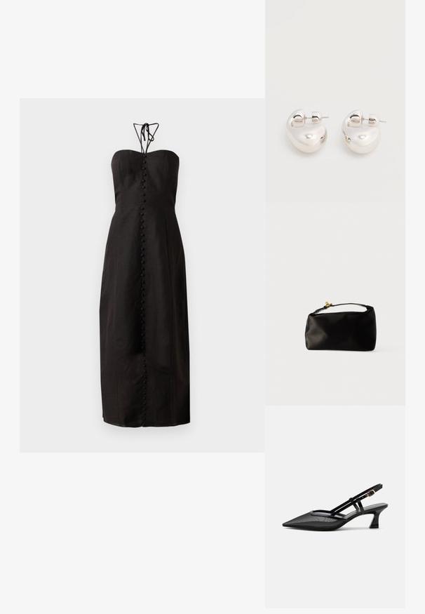 Sort strapless kjole med tætsiddende liv, lang svajende skørt og en række dekorative knapper ned ad fronten. Struktureret stof.; Sort spids tå slingback-sko med mesh-øverdel, tynde stropper, guldlås og lav buet hæl på hvid baggrund.; Sort satinpung med en afrundet form, et håndtag i toppen og en guldaccentlås. Glat tekstur med et minimalistisk design.; Par af skinnende sølv store øreringe med lukning på bagsiden mod en ensfarvet hvid baggrund.