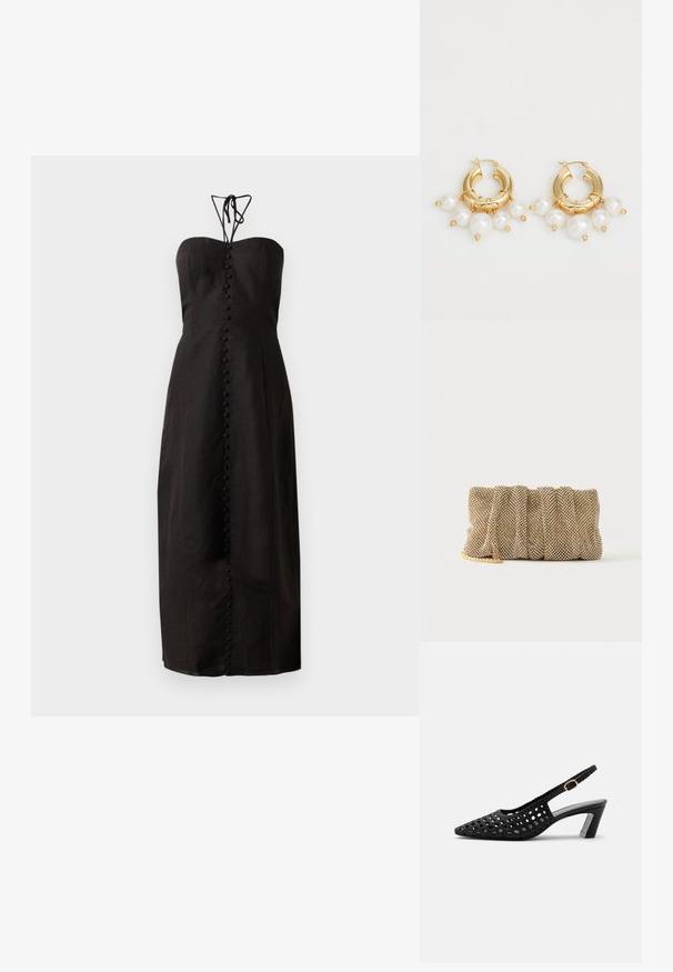 Sort strapless kjole med tætsiddende liv, lang svajende skørt og en række dekorative knapper ned ad fronten. Struktureret stof.; Sort vævet slingback-sko med lav blokhæl og guldbeklædning på sidespændet, vist i profil mod ensfarvet baggrund.; Lille gylden mesh clutch taske med et rynket design og en delvist synlig guldkæde på en ensfarvet hvid baggrund.; Guldøreringe i form af hoops med tre hængende hvide perler, sikret med metaltråde. Glat metallisk finish med en poleret overflade.