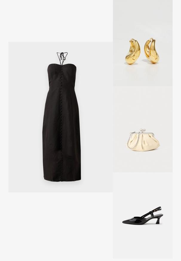 Sort strapless kjole med tætsiddende liv, lang svajende skørt og en række dekorative knapper ned ad fronten. Struktureret stof.; Sort laklæderslingback med lille hæl, spids tå og justerbar guldlåsrem på hvid baggrund.; Plisseret beige læderclutch med en sølvmetalramme, der har to runde dekorative låse og en sølvkædetrasporte.; Guldringeøreringe med en glat, buet form og poleret overflade. Udstyret med en lukkeanordning og lette fordybninger for detaljer.