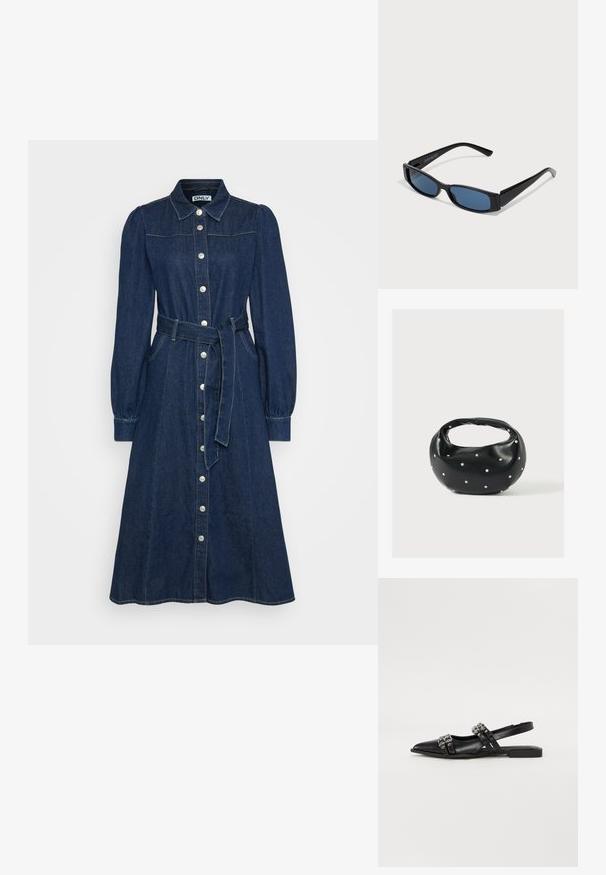 Tumesinise denimkleit kraeäärega, pikkade puffvarrukatega, nööbiga esiosal ja sobiva vööga vööl.; Even&Odd by Zalando Kannarihmaga baleriinad - black; Mustad mustad mustade, elegantsest ristkülikukujulisest raamistikust ja sinistest objektiividest. Omab siledat tekstuuri ja tugevaid templeid. Kaubamärgi logo küljel.; Mustast nahast ümmarguse kujuga käekott, kaunistatud hõbedaste naeladega, lühikese sangaga. Sile tekstuur ja tõmblukuga sulgemine.
