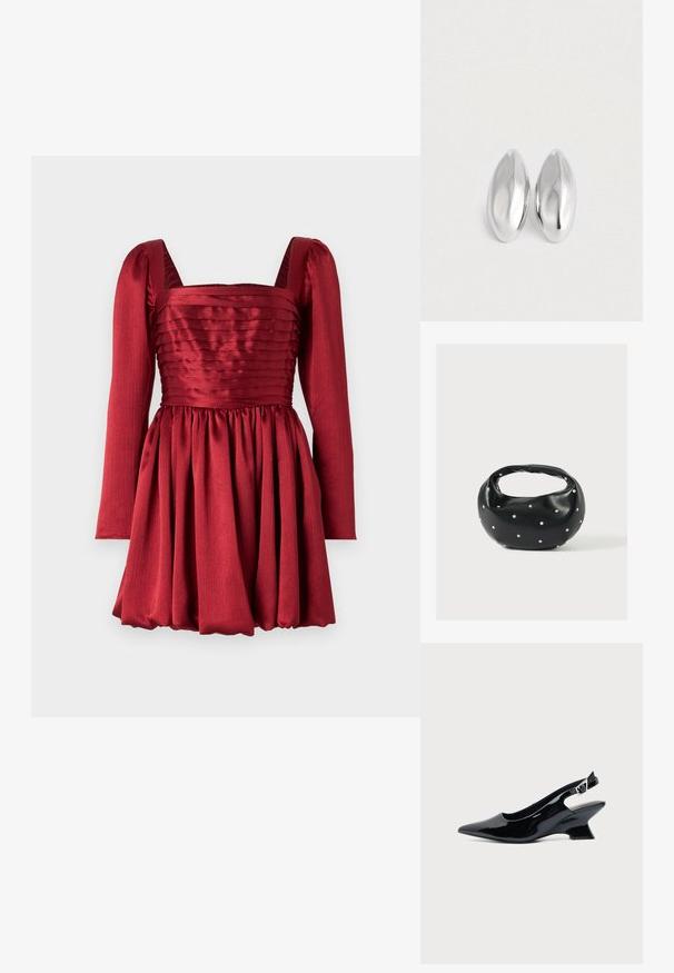 Rød kjole med lange ærmer, firkantet udskæring og plisseret nederdel. Lavet af glat stof med tekstureret liv og indsamlet talje-detalje.; Sort laklæder slingback sko med spids tå og lav vinklet blokhæl på ensartet lys baggrund.; Sort læderhåndtaske med en rundet form, dekoreret med sølvnitter, og et kort håndtag. Glat tekstur og lynlåslukning.; Et par glatte, skinnende sølvfarvede ovalformede genstande placeret side om side på en helt hvid baggrund.