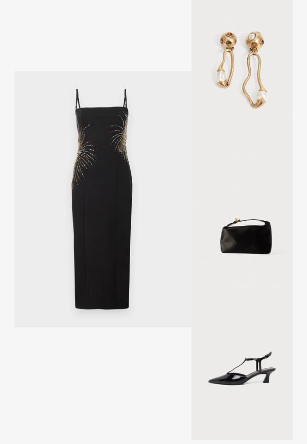 Robe noire sans manches présentant une silhouette ajustée, ornée de motifs de feux d'artifice colorés en sequins sur le corsage. Texture de tissu lisse.; Chaussure slingback en cuir verni noir à bout pointu avec bride en T et petit talon bloc incliné sur fond blanc.; Pochette en satin noir avec une forme arrondie, une anse supérieure et un fermoir en doré. Texture lisse avec un design minimaliste.; Boucles d'oreilles en ton doré avec des formes ouvertes irrégulières, chacune ornée d'une perle en bas et de détails en pierres précieuses sur les clous ronds.