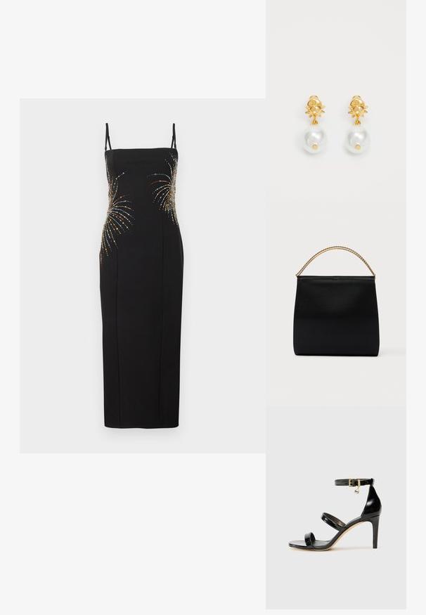 Robe noire sans manches présentant une silhouette ajustée, ornée de motifs de feux d'artifice colorés en sequins sur le corsage. Texture de tissu lisse.; Sandale en cuir verni noir avec trois brides, boucle de cheville et talon aiguille de 10 cm. Présente un détail en métal doré et un charm logo.; Sac noir en tissu lisse, présentant une forme structurée, une poignée en chaîne dorée et un design géométrique minimaliste.; Boucles d'oreilles dorées avec un sommet en forme de soleil et une grosse perle blanche pendante. Présentent une texture lisse et une finition brillante.