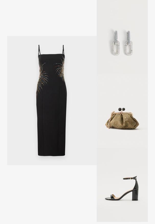 Robe noire sans manches présentant une silhouette ajustée, ornée de motifs de feux d'artifice colorés en sequins sur le corsage. Texture de tissu lisse.; Sandale à talon haut en cuir verni noir avec bride à la cheville et boucle dorée, bout ouvert et talon bloc sur fond blanc.; Petite pochette avec motif géométrique doré et noir, cadre en métal doré, fermeture à boule noire et une courte chaîne dorée.; Boucles d’oreilles pendantes ton argent avec un design rectangulaire lié couvert de petits cristaux scintillants sur fond blanc.