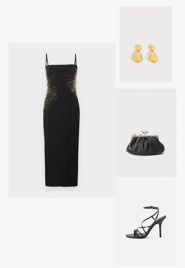 Robe noire sans manches présentant une silhouette ajustée, ornée de motifs de feux d'artifice colorés en sequins sur le corsage. Texture de tissu lisse.; Sandale noire à talons hauts avec des brides fines, une boucle à la cheville, une surface en cuir lisse et un talon aiguille élancé.; Porte-monnaie en cuir noir avec texture froncée, cadre en métal argenté, fermeture à verrouillage kiss-lock et bandoulière en chaîne. Surface lisse et douce.; Paire de boucles d'oreilles dorées brillantes en forme de goutte, avec une petite pièce arrondie en haut reliée à une pièce plus grande en forme de poire en bas.