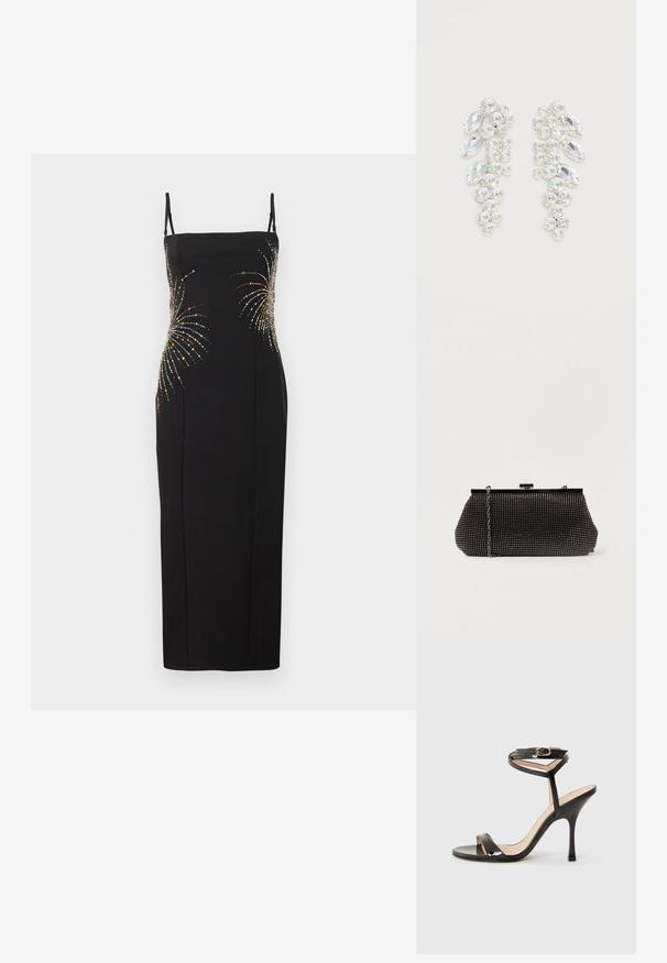 Robe noire sans manches présentant une silhouette ajustée, ornée de motifs de feux d'artifice colorés en sequins sur le corsage. Texture de tissu lisse.; Sandale à talons hauts en cuir verni noir avec une fine bride de cheville et une boucle, orteil ouvert et talon aiguille mince sur fond blanc.; Pochette noire en mesh avec une silhouette structurée, ornée de petits clous métalliques, dotée d'une fermeture à clip et d'une bandoulière en chaîne détachable.; Paire de boucles d’oreilles ton argent avec cristaux clairs taillés en grappes, en formes rondes et marquise sur fond blanc.