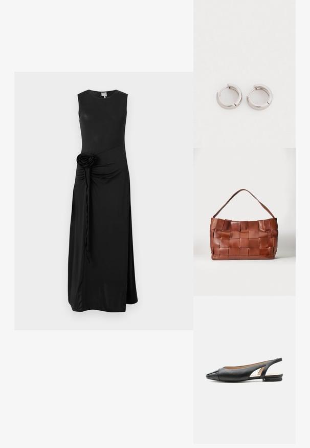 Sort ærmeløs kjole lavet af glat stof, med samlet side detalje og en dekorativ stof roset som accent ved taljen.; Sort læder slingback flad sko med spids laklæder tåhætte og lav hæl, vist i sideprofil på hvid baggrund.; Brun læderhåndtaske med brede vævede stropper og en enkelt skulderrem på en ensfarvet lys baggrund.; Sølvfarvede metal hoops med en rund form og en poleret finish. Hver ørering har en hængslet lås for sikker bæring.