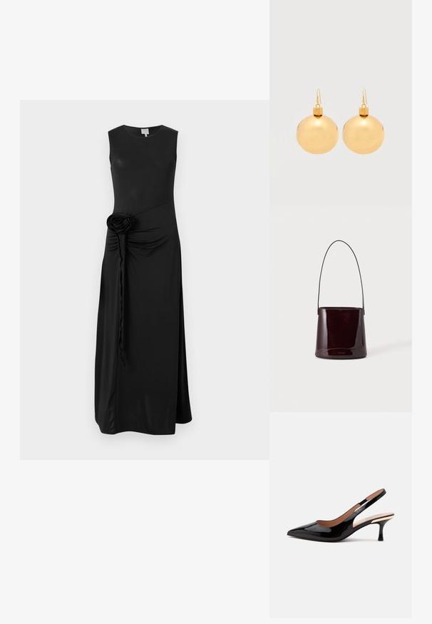 Must have mustrisesteta kleit, mis on valmistatud siledast kangast, millel on kokku volditud külgedetail ja kaunistav kangast rosett vöökoht.; Mustast lakknahast slingback-kingad terava ninaga ja madala kassi kontsaga valgel taustal.; Tumepruun läikiv ämbrikujuline käekott pika õhukese rihma ja minimaalse nähtava õmblusega heledal taustal.; Paari säravaid kuldseid jõulukuulikutest kõrvarõngaid konkskinnitustega tavalise valge taustaga.