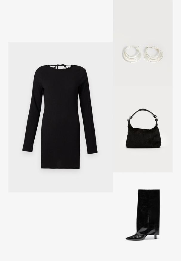 Must tehkeld dress, millel on pikad varrukad, tekstuuriga kangas, sobiv lõige ja kaela juures sidumiseks mõeldud lukk. Lihtne ja mitmekesine disain.; Mustmust musta nahkasaabas terava nina ja plokk-kandaga, millel on kõrge läikiv säär ja tekstiilne viimistlus alumises osas.; Mustast kunstkarusnahast käekott, millel on pehme tekstuur, ümar kuju ja tugev must nahast õlarihm. Nähtavad hõbedased detailid.; Hõbedast rõngakujulised kõrvarõngad, millel on kolm kihilist poolringikujulist paela, üks kaunistatud väikeste läbipaistvate kristallidega heledal taustal.