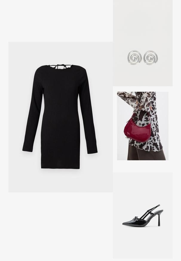 Sort langærmet kjole med struktureret stof, tætsiddende form og snørelukning ved halsen. Enkelt og alsidigt design.; Sort lakeret læder højhælet slingback-sko med spids tå, tynd hæl og dobbelt remdetalje over vristen.; Kvinde iført en sort- og hvidmønstret bluse, der holder en blank rød skuldertaske mod en ensfarvet baggrund.; Par sølvspiral øreringe med glat, afrundet design på en ensartet hvid baggrund.