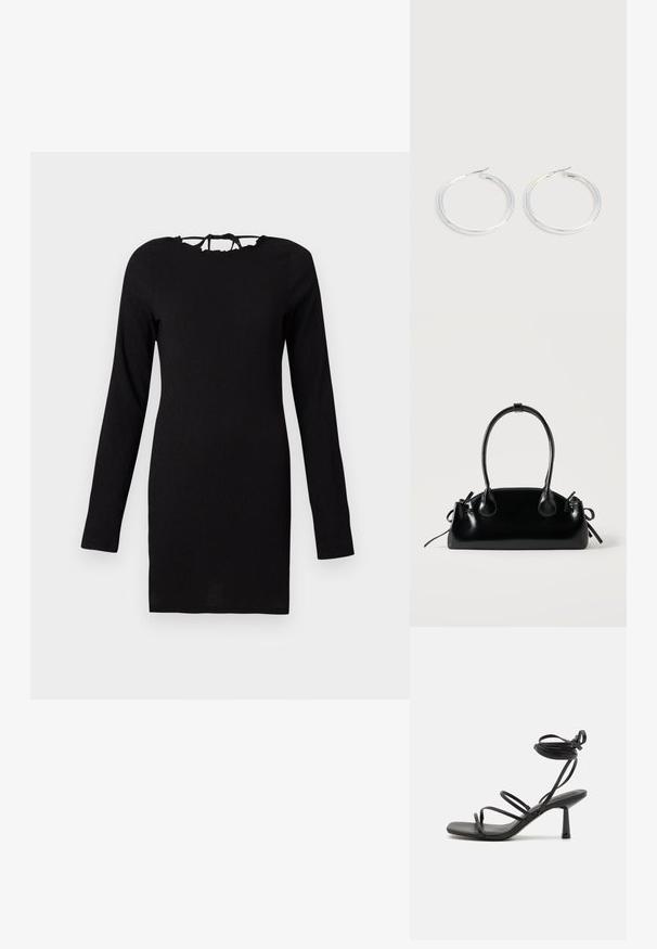 Must tehkeld dress, millel on pikad varrukad, tekstuuriga kangas, sobiv lõige ja kaela juures sidumiseks mõeldud lukk. Lihtne ja mitmekesine disain.; Must mustriba sandaalid ruudukujulise nina, reguleeritavate pahkluu sidemetega ja peene ploki kontsaga. Valmistatud siledast, vastupidavast materjalist.; Väike must läikiv käekott kahe pika sangaga ja külgedel paelakinnitustega, ühel lihtsal helel taustal.; Paari läikiva hõbedase rõngaskujulise kõrvarõngastega, millel on õhukesed traatlukkud, kuvatud heleda halli taustal.