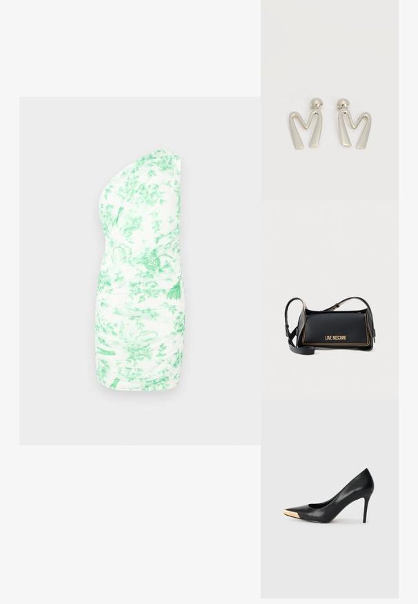 Én skulder mini kjole i hvid med grøn blomsterprint, der har rynkning, blød tekstur og tætsiddende silhuet.; Sort læder stiletter med spids tå; har et metalisk guldakcent på tåkapperne. Glat overflade med et strømlinet design.; Sort rektangulær Love Moschino håndtaske med gyldne syninger og justerbar skulderrem på ensfarvet baggrund.; Par sølvtonede metaleøreringe formet som den kantede bogstav M med runde fester på en hvid baggrund.